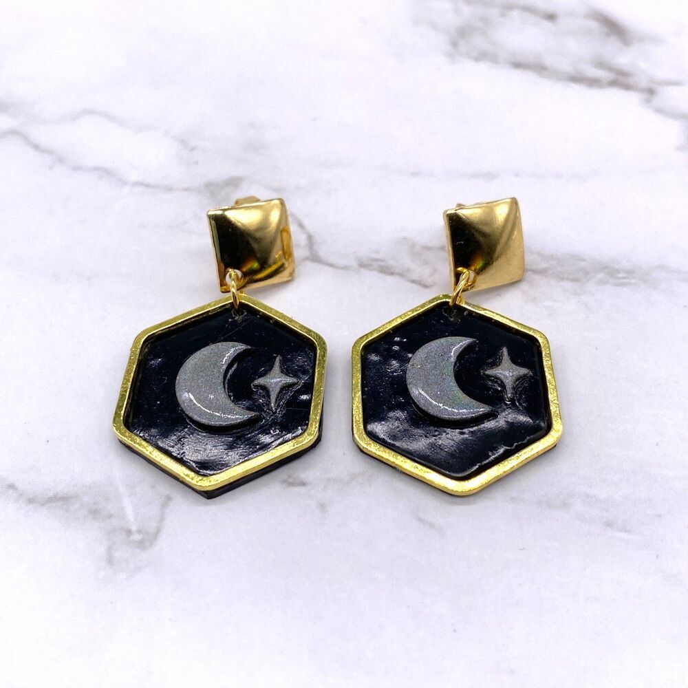 Black Holographic Celestial Crescent Moon Dangle Stud Earrings - Picture 13 of 15